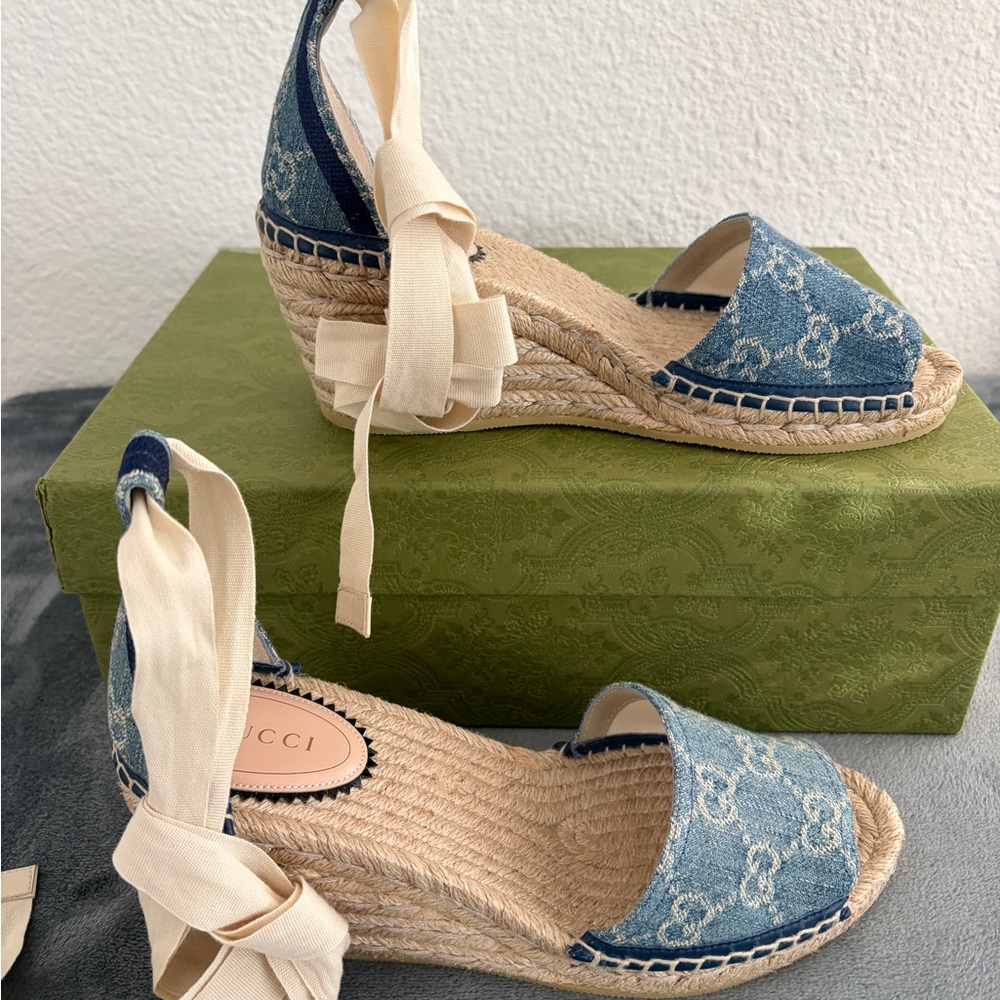 Gucci Blue Denim Monogram Espadrille Wedge Sandals with Cream Ankle Ties - Picture 4 of 11